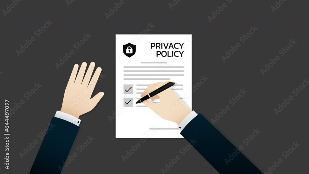 Animation of Businessman tick in the checkbox and signing and stamping on a Privacy Policy document form, transparent background, alpha channel included. Animation of Businessman tick in the checkbox and signing and stamping on a Privacy Policy document form, transparent background, alpha channel included.