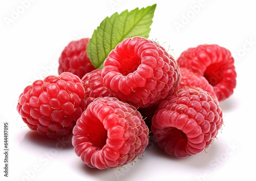 Raspberries red sweet berries on white background.Macro.AI Generative.