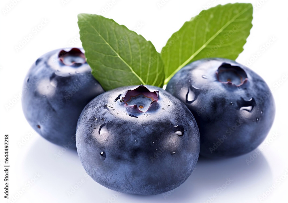 Three blueberries with green leaf on white background.AI Generative Three blueberries with green leaf on white background.AI Generative