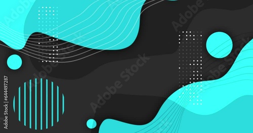 Sky blue color different geometrical shapes and wavy lines moving and morphing like fluid over black background. Abstract flat minimal gradient motion graphics background.