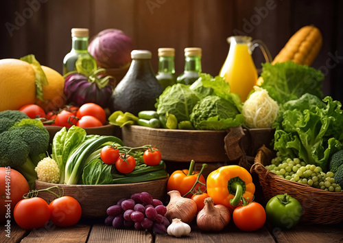 Selection of organic healthy food products on wooden kitchen table background..AI Generative