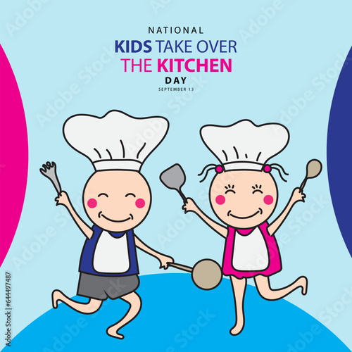 National Kids Take Over The Kitchen Day on september 13, with vector illustration kids was holding kitchen utensils and wearing a chef's apron and hat and text isolated on abstract background.