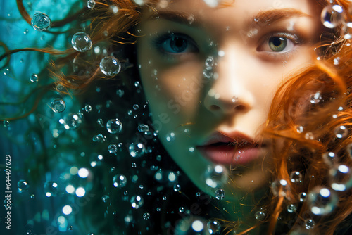 Close up of a beautiful red-haired Siren Mermaid 