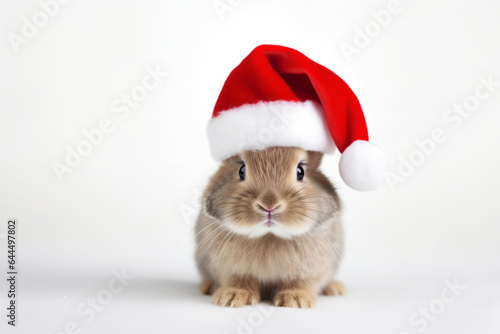 Cute portrait of an adorable festive Christmas rabbit wearing a Santa hat