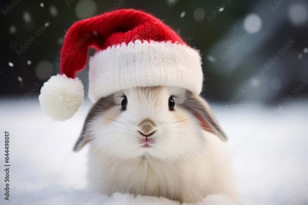 Cute portrait of an adorable festive Christmas rabbit wearing a Santa hat Cute portrait of an adorable festive Christmas rabbit wearing a Santa hat