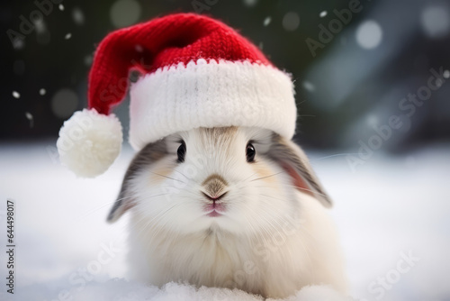 Cute portrait of an adorable festive Christmas rabbit wearing a Santa hat © ink drop