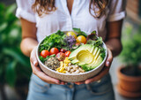 Young woman holding bowl with healthy food.Macro.AI Generative