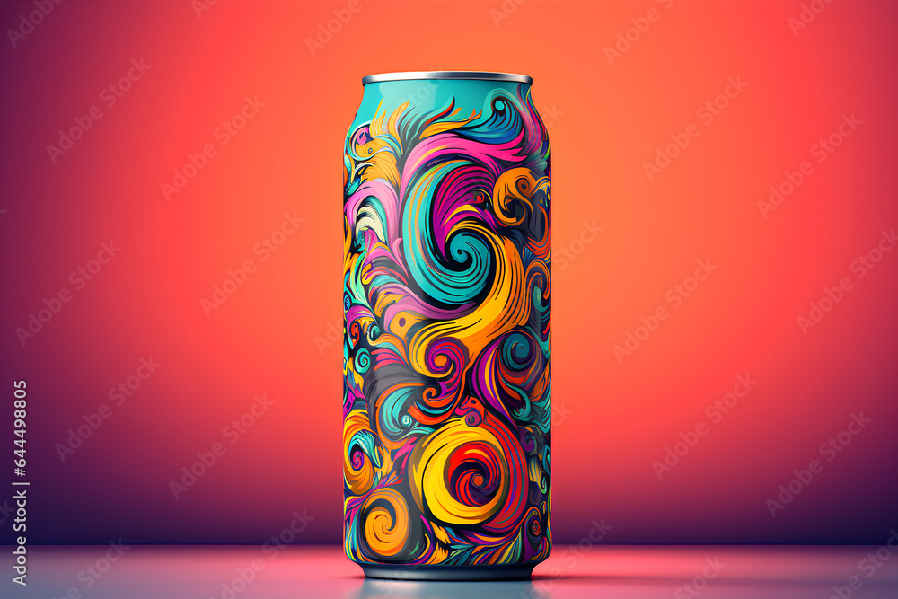 New type of energy drink, super trippy can, colourful,orange background, AI GENERATED - obrazy, fototapety, plakaty 