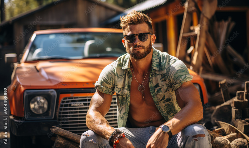 Roadside Charisma: Muscular Man with Sunglasses and Open Shirt by Truck