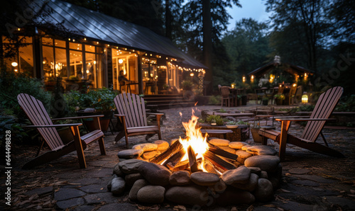 A cozy corner  Backyard fire pit with lawn chairs on a crisp autumn night.