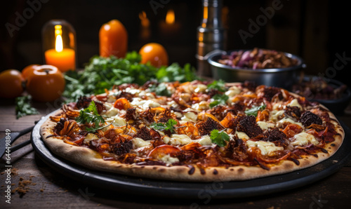 Oven-Fresh Shawarma Pizza: Loaded with Mozzarella, Sauce, and Olives on Wood