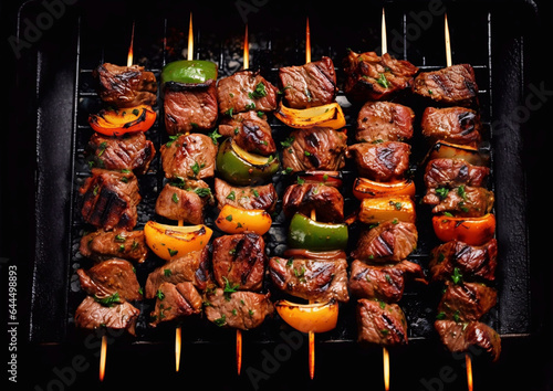 Grilled meat skewers, shish kebab on portable grill.Top view.AI Generative