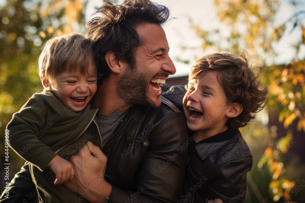 Fototapeta premium Laughing father with two sons in nature