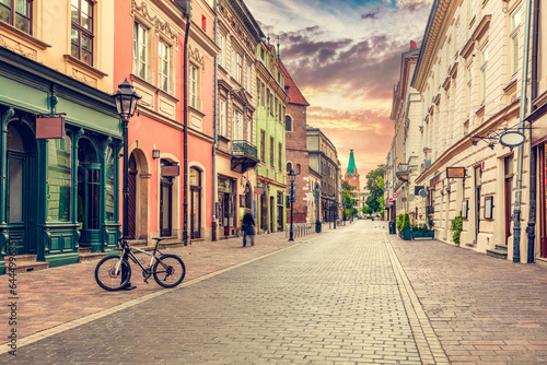 Old town street in Cracow, Poland at sunrise