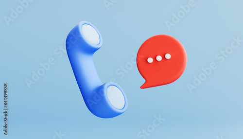 3d minimal phone call and bubble conversation on blue background. Conversation with service support hotline and call center icon concept. 3D illustration