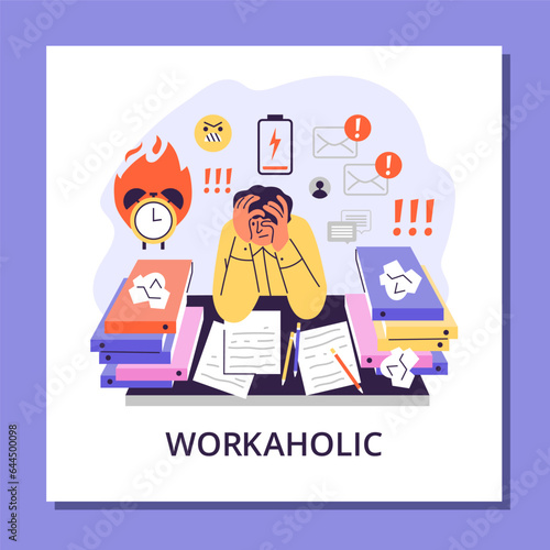 Squared banner about workaholic flat style, vector illustration