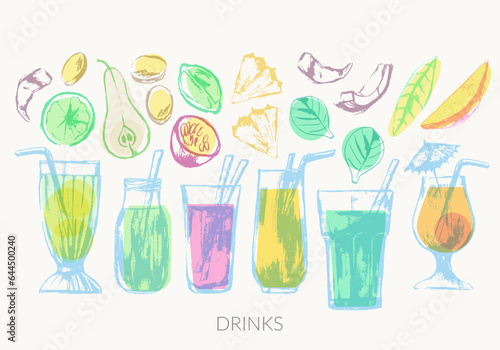 Hand drawn summer smoothie cocktail glass and ingredients