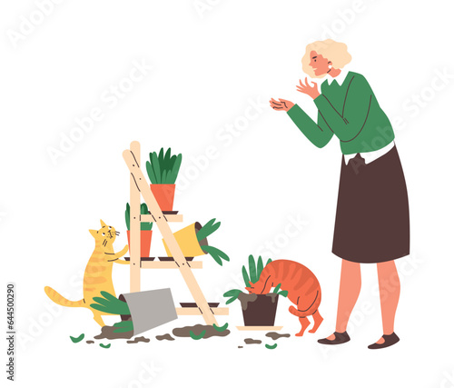 Woman frustrated from pet mess, cats knocked over flower pots, the ground is scattered, vector disorder from play kitten