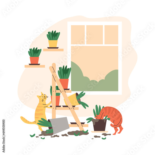 Two cats knocked over flower pots, chaos house fallen pot with flower, disorder from pet owner, vector cartoon pet mess