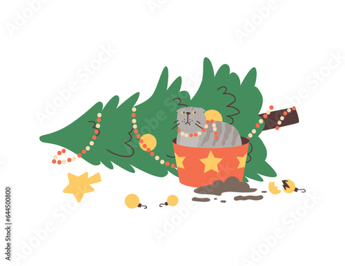 Funny cat knocked over Christmas tree and broke decorations, flat vector illustration isolated on white background.