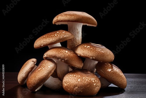 Shiitake mushrooms on a black background. Shimeji mushrooms. Generative AI © Songpol