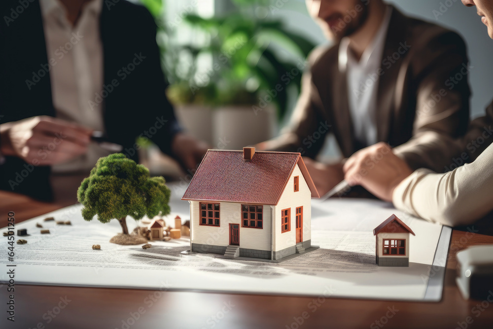 3d render model of a small living house on a table in a real estate agency. Estate agent and the buyer clients signing mortgage contract document on the blurry background. Within a modern office. - obrazy, fototapety, plakaty 