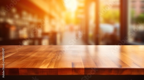 Image of wooden table and kitchen on blurred background