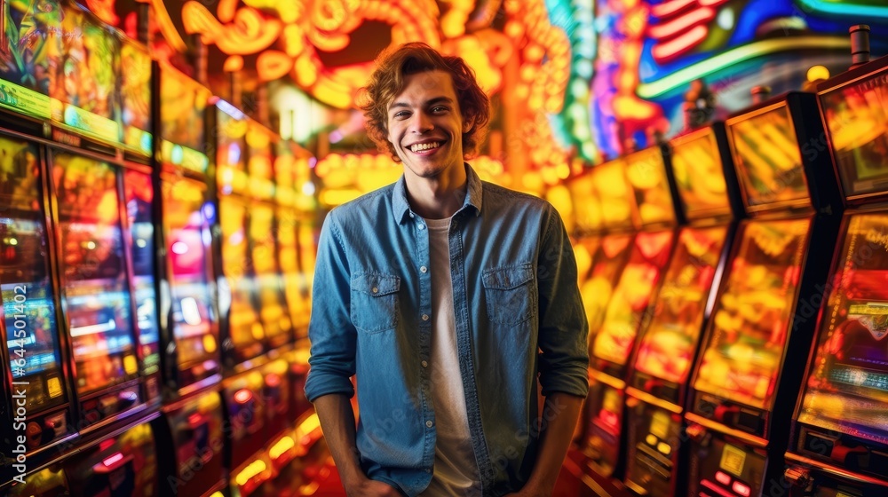 Young man laughing in front of gaming machines in casino Young man laughing in front of gaming machines in casino
