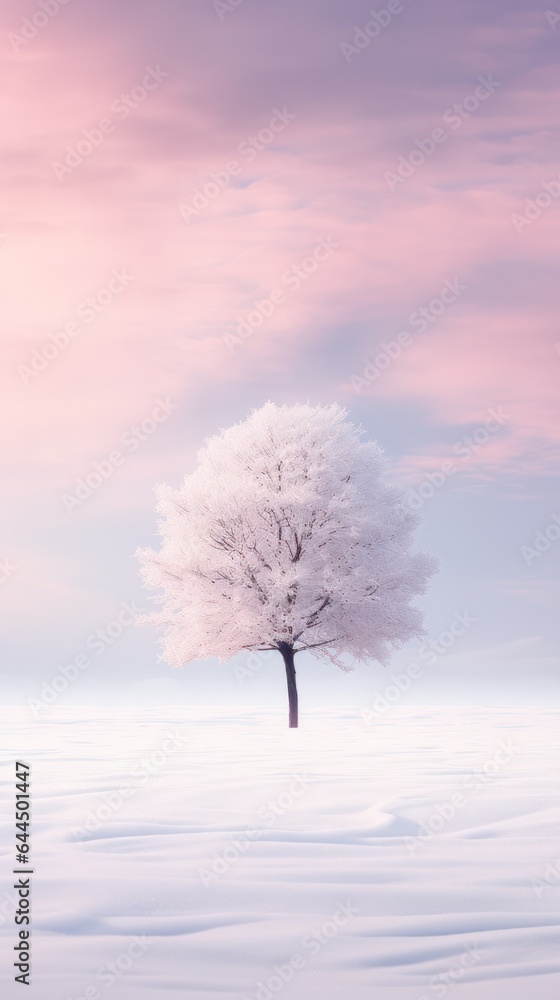silhouette of a frozen tree covered with snow against the background of a muted morning sky in winter.snowy landscape. 