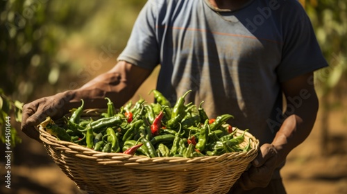 A farmer holding a basket of fresh peppers