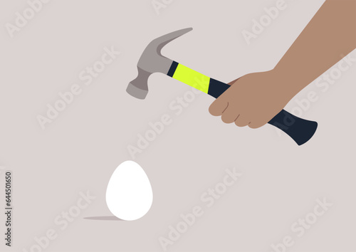 Using a hammer to crack an egg as a humorous and exaggerated way to illustrate the concept of overkill or excessive force in solving a simple problem