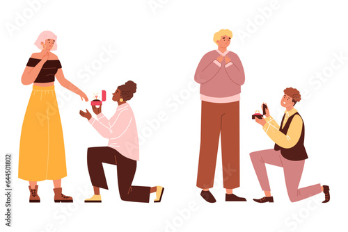 Marriage proposal surprise, homosexual couples, vector romantic partner stands on knee proposing with engagement ring