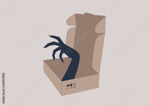 A sinister monster hand ominously emerges from a cardboard box, symbolizing the troubles and challenges often encountered with delivery services