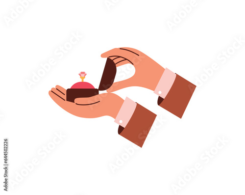 Hand holds engagement ring with pink stone or diamond, flat vector illustration isolated on white background.