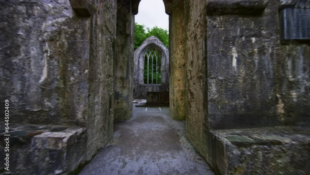 Inside sooky empty castle ruins. Camera floats through Ross Castle Ireland Inside sooky empty castle ruins. Camera floats through Ross Castle Ireland