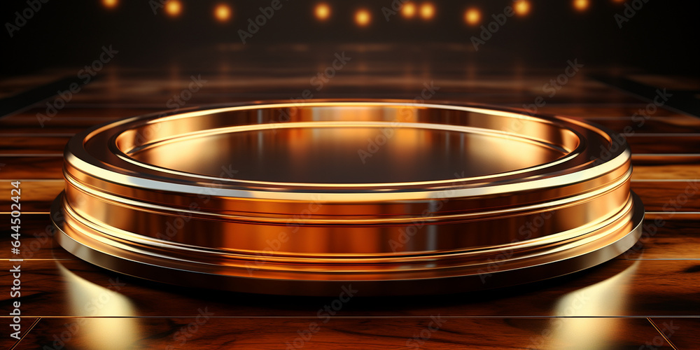 Hintergundmotiv in schwarz mit gold runde Scheibe mit Lichter 3D als im Querformat für Banner, ai generativ Hintergundmotiv in schwarz mit gold runde Scheibe mit Lichter 3D als im Querformat für Banner, ai generativ