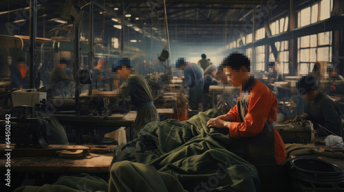 Blurred warehouse factory, illegal labour exploitation in sweatshop manufacturing concept