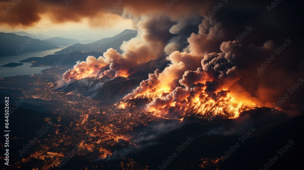 The fire on the coast is out of control and is approaching the houses, the forest and the plain are burning, the houses are engulfed in flames. 