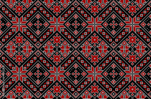 Vector illustration of Ukrainian ornament in ethnic style, identity, vyshyvanka, embroidery for print clothes, websites, banners. Background. Geometric design, border, copy space, frame