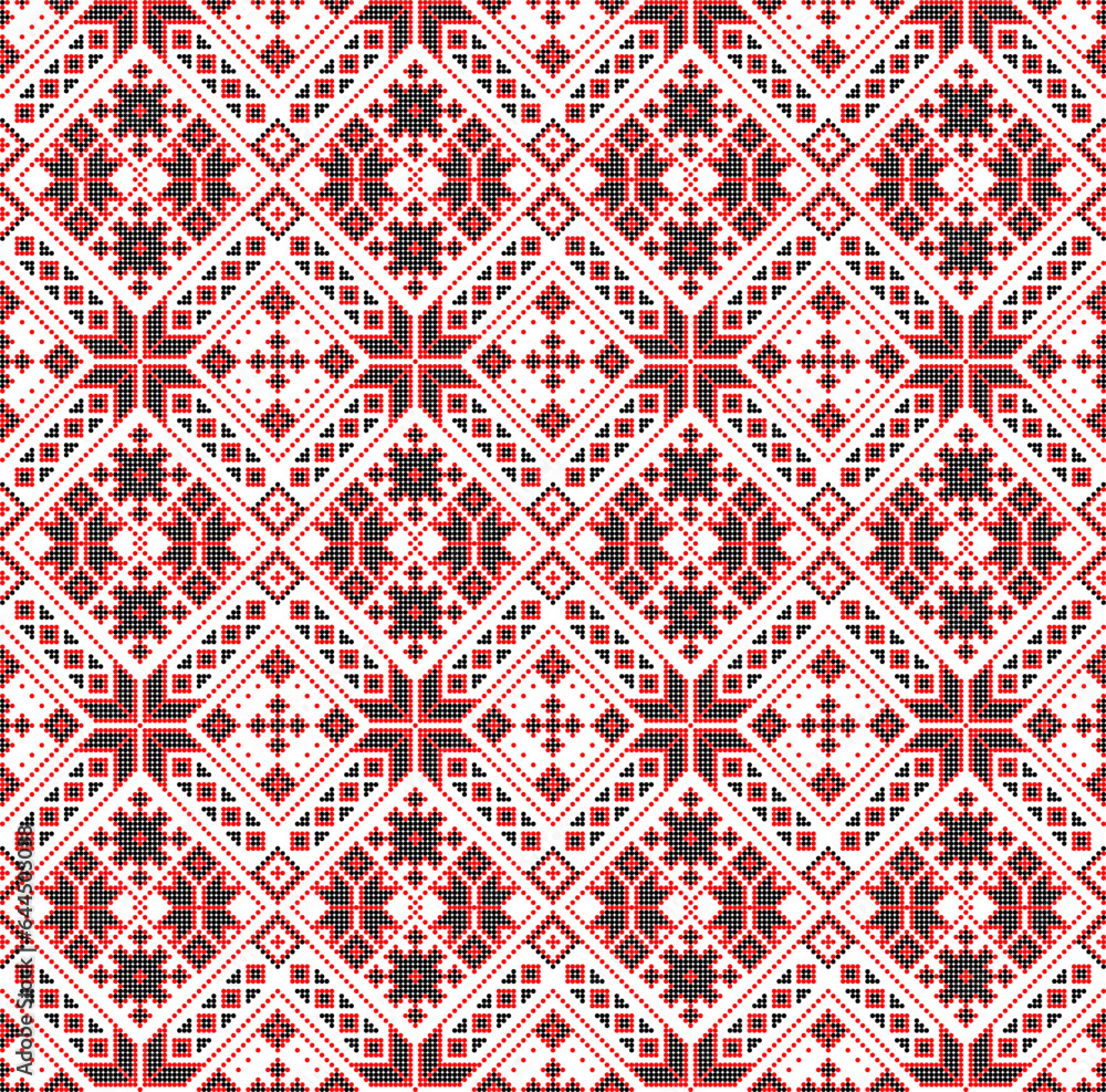 Vector illustration of Ukrainian ornament in ethnic style, identity, vyshyvanka, embroidery for print clothes, websites, banners. Background. Geometric design, border, copy space, frame