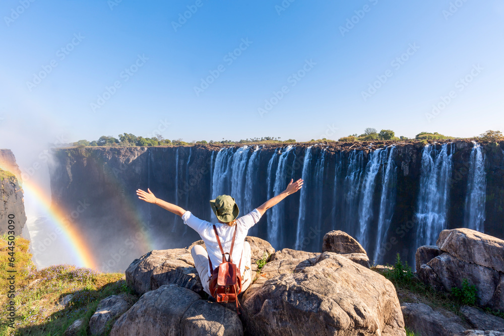 Woman sitting on the top of a rock enjoying the Victoria Falls -  Zimbabwe - obrazy, fototapety, plakaty 