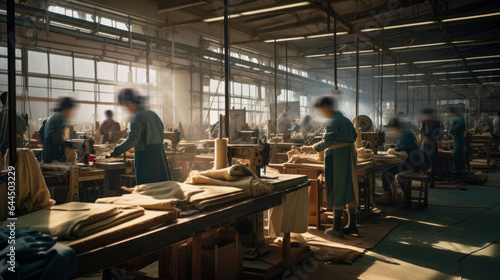Blurred warehouse factory  illegal labour exploitation in sweatshop manufacturing concept