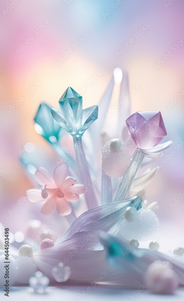 Pastel colored 3d glassy flower illustration. Ai generated art.