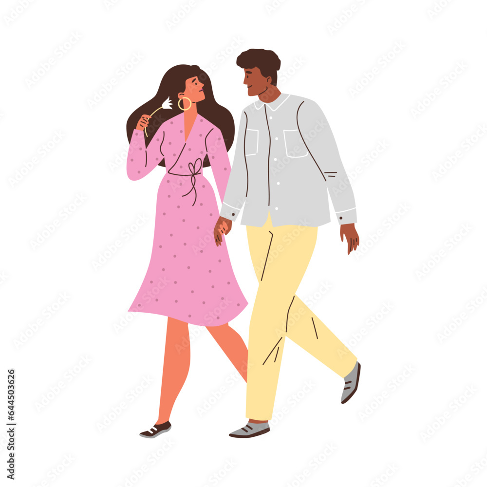 Young enamored couple walking holding hands, man and woman with flower vector characters in honeymoon, love relationship Young enamored couple walking holding hands, man and woman with flower vector characters in honeymoon, love relationship