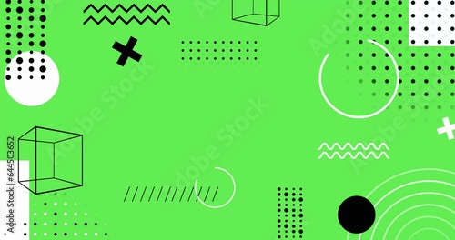 Flat abstract motion graphics animated shapes seamless loop background. Assorted memphis geometric shapes animated background.