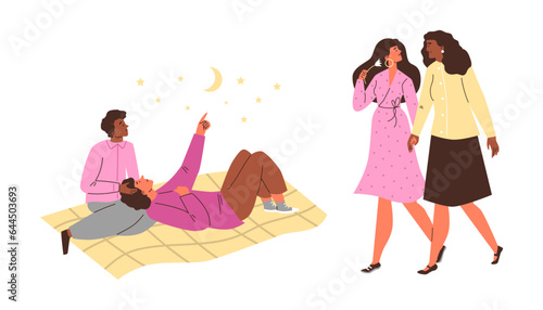 Happy gay couples on romantic dates, flat vector illustration isolated on white background.