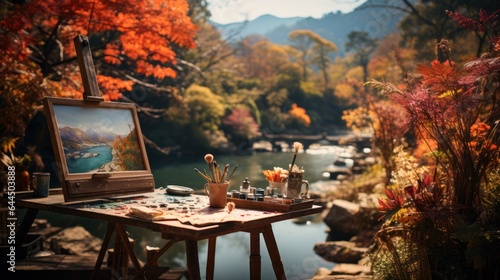 artist's easel set among autumn foliage. Brushes and a palette lie on a wooden table, inviting you to create among the masterpieces of nature.