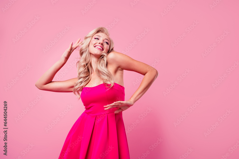 Photo of adorable cute lady wear sexy dress dancing disco empty space isolated pink color background