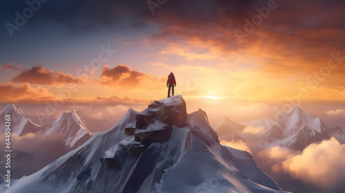 Extreme Climber on top of a high snowy mountain, celebrating his hiking goal during sunset, mountain adventure, generative ai 