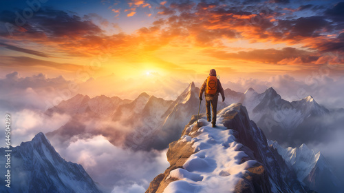 Extreme Climber on top of a high snowy mountain, celebrating his hiking goal during sunset, mountain adventure, generative ai 